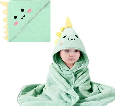 Productafbeelding van 1 x Babybadcape met capuchon, 80 x 80 cm, babybadcape met capuchon en washandje, 100% biologische katoen, groene handdoeken met dinosaurusprint