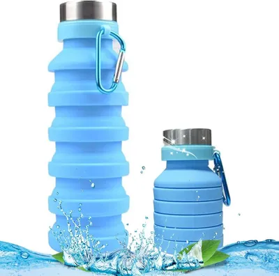 Two blue collapsible water bottles, one larger than the other, are shown against a white background with water splashes at the bottom.
