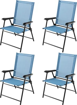 Image de COSTWAY Lot de 4 chaises de jardin, chaises pliantes avec accoudoirs & tissu résistant aux intempéries, chaises de balcon chaises de terrasse bleu