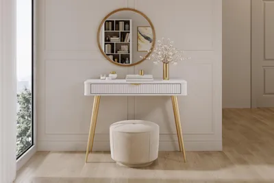 Produktbild von LANTE Schminktisch 100 cm mit Schublade, Weiß, geriffeltes Frontdesign, für Wohnzimmer