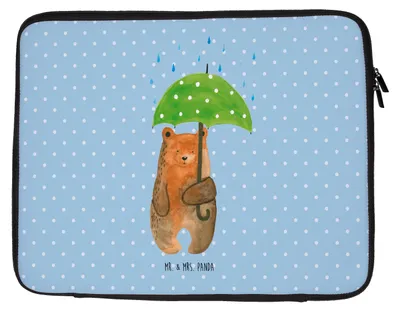 Produktbild von Mr. & Mrs. Panda Laptophülle Bär Regenschirm 33 x 42 cm - Blau Pastell - Geschenk, Teddy, Laptop Sleeve, Hülle, Laptoptasche, Tasche, Liebe, Case, Familie, Spruch
