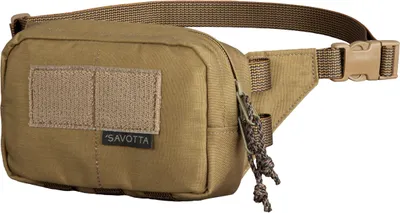 A tan colored hip pack or fanny pack is shown against a white background.