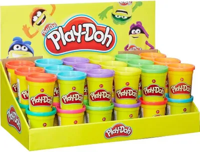 A display box filled with colorful Play-Doh containers.