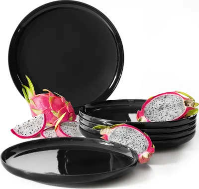 Produktbild von KONSIMO Teller-Set VICTO Geschirrset hergestellt in der EU (6-tlg), 6 Personen, Steingut, spülmaschinengeeignet, mikrowellengeeignet, glänzend schwarz, 6x Speiseteller