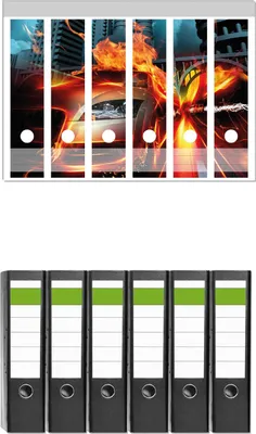 Produktbild von Wallario 6 Stück breite Ordner inkl. Klebeetiketten mit Motive Brennendes  fahrendes Auto -  Set mit Rückenschildern / Ordnerrücken Stickern