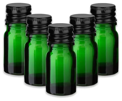 Produktbild von 5x Grüne Glasflasche 5 ml mit schwarzem Aluminium Schraubverschluss