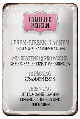 Produktbild von Blechschild Spruch 12x18cm Familien Regeln leben lieben
