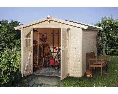 Produktbild von WEKA 316.2525.20400 Gartenhaus/Blockbohlenhaus Classic mit Doppeltür ; Größe: 4 ; Farbgebung: Naturbelassen ; Wandstärke: 19 mm ; Maße (LxBxH): 254 cm x 250 cm x 221 cm ; Seitenwandhöhe: 185 cm