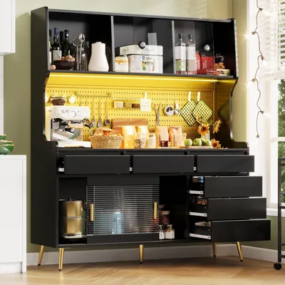 Immagine prodotto di Mobiletti da cucina, colonna alta con illuminazione a LED e piano di lavoro, dimensioni 145x39x171 cm, colore nero