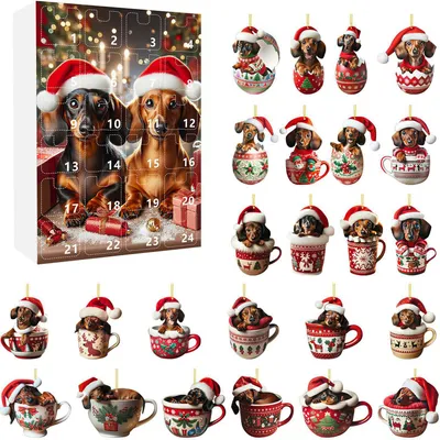 Produktbild von Dackel-Adventskalender 2025, 24-Tage-Weihnachts-Countdown-Kalender mit lustigen Dackel-Anhängern, Sammler-Set aus Acryl für den Weihnachtsbaum