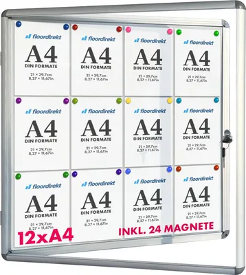 A display case with multiple A4 sheets inside, held by colorful magnets.