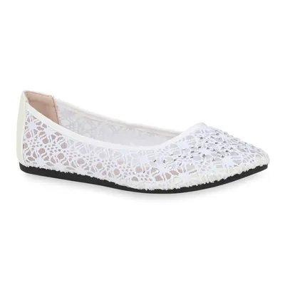 Produktbild von Mytrendshoe Damen Klassische Ballerinas Spitzenstoff Flats Strass Slipper 832917, Farbe: Weiß, Größe: 38