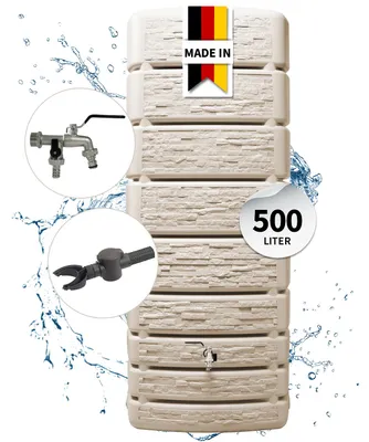 Produktbild von 4rain SLIM STONE DECOR Regentonne Wandtank Komplett-Set 500 Liter sandbeige inkl. Chrom-Doppelauslaufhahn und Fallrohranschluss