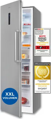 A silver refrigerator with its door open, displaying its interior shelves and food items. There are also two award badges and a blue circle with text on the refrigerator door.
