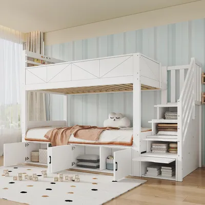 Produktbild von okwish Etagenbett 90×200 mit Stauraumschrank und Sicherheitsgeländer, Jugendbett mit Stauraumtreppe,Doppelbett in Weiß, ohne Matratze