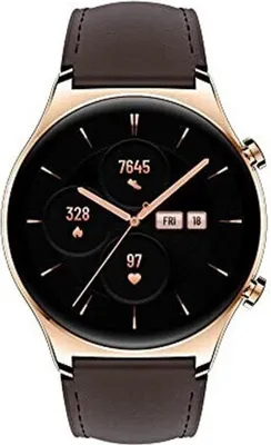 A close-up shot of a smartwatch with a brown leather strap and a gold-colored casing.