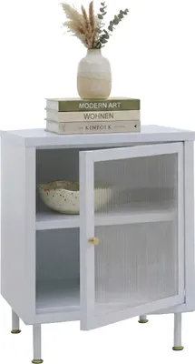 Produktbild von Nachttisch HWC-O87, Beistelltisch Nachtschrank Schrank, Industrial Staufächer Metall Schilfglas 55x41x41cm  weiß