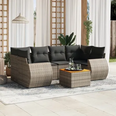 Produktbild von Design 7-tlg. Garten-Sofagarnitur mit Kissen Grau Poly Rattan, Gartenmöbel-Sets 2024 Neu