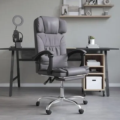 Image de Chaise de bureau avec fonction de massage, couleur grise, en similicuir. Fauteuil pivotant confortable pour le télétravail, siège de bureau ergonomique, réglable en hauteur, avec support lombaire, repose-pieds, roulettes et mécanisme basculant
