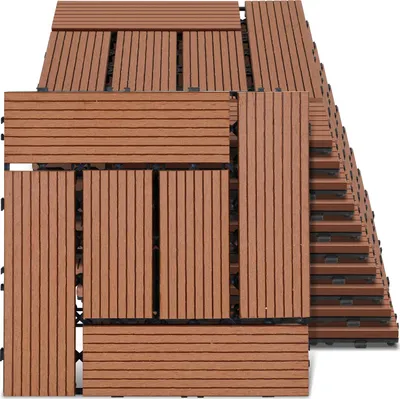 Obrázok produktu pre Peviasot WPC terasové dlaždice – výhodná sada 33 kusov na 3 m², 30 x 30 cm, hnedá farba s dreveným vzhľadom, na podlahovú krytinu do záhrady a na balkón s drenážou a zámkovým systémom