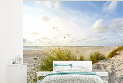 Produktbild von MuchoWow® Fototapete für Wohnzimmer oder Schlafzimmer Wandtapete Vinyl Motivtapete Strand - Meer - Vögel - 325x260 cm - Tapete