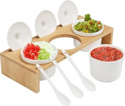 Produktbild von Porselanschalen mit Löffeln und Deckeln, Bambusständer, für Saucen, Snacks
