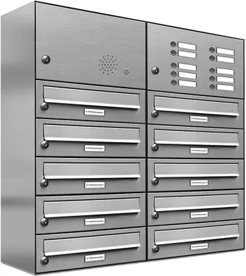 Produktbild von 10er Edelstahl Briefkastenanlage für Aufputz - Wandmontage Klingel