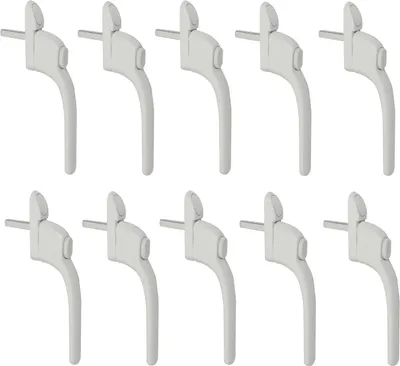 A set of ten white window handles arranged in two rows on a white background.