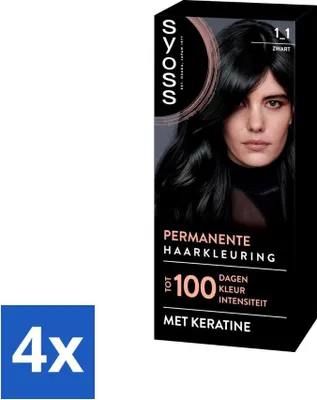 Produktbild von SYOSS – Coloration 1-1 Schwarz – Haarfärbemittel – Grauabdeckung – Reduziert Haarbruch - Vorteilspack - 4 Stücke
