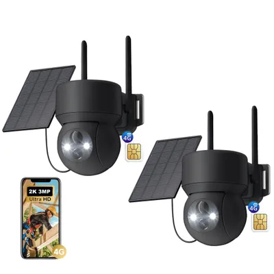 Produktbild von 2 Stück 4G LTE Überwachungskamera Aussen Solar Akku mit SIM Karte Kabellos IP Kamera Outdoor Ohne WLAN 360° PTZ mit PIR Erkennung Farb-Nachtsicht
