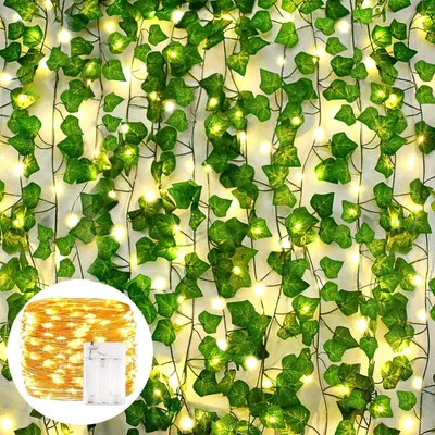 Image de Guirlande de lierre artificiel en 12 éléments, plante artificielle avec 100 LED, guirlande de lierre artificiel suspendue de 200 cm de long pour le jardin, les mariages, les balcons, les fêtes, la décoration murale et la décoration d'intérieur esthétique