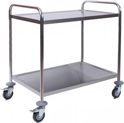 A stainless steel two-tier serving cart with wheels against a white background.