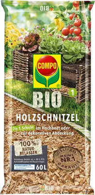 Produktbild von Holzhackschnitzel COMPO Holzschnitzel 60 L als 1.Schicht im Hochbeet oder zur dekorativen Abdeckung
