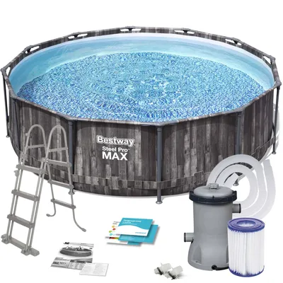 An above-ground swimming pool with its accessories, including a ladder, filter pump, and filter cartridge, displayed on a white background.