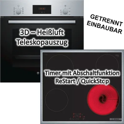 A collage showing a Bosch oven and a Bosch electric hob, with feature descriptions overlaid.