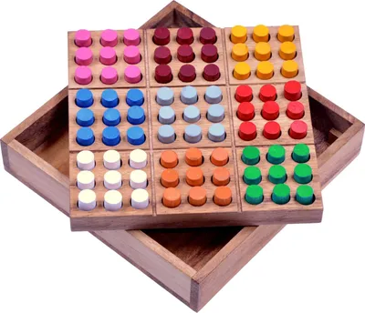 Produktbild von Farb-Sudoku – Denkspiel mit bunten Steckern | Sudoku aus Holz, 16 × 16 cm