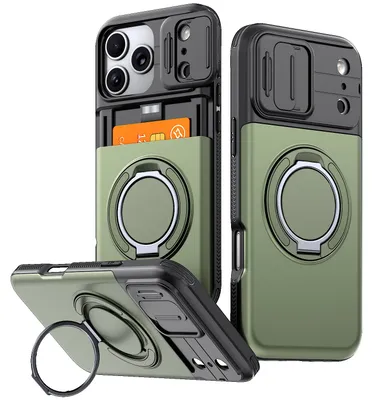 Obrázek produktu pro Pouzdro pro iPhone 18 Pro, Přihrádkou na karty, posuvným krytem fotoaparátu, kroužkovým stojánkem Zelená