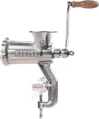 Produktbild von Porkert Fleischwolf manuell Größe 10 aus hochwertigem Gusseisen, für den Haushalt, mit Messer und Lochscheibe Ø 4,5 mm