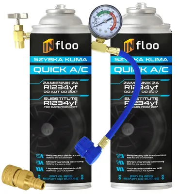 Produktbild von INfloo Quick A/C R1234yf 2× Gas 185 g + Schlauch mit Manometer + YF Adapter
