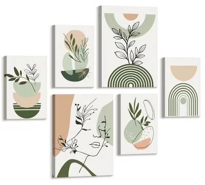 Productafbeelding van Boho Sage Green Geometrische Lijnen Schilderij met Lijst voor Woonkamer