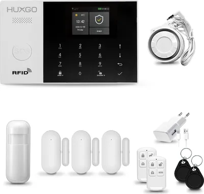 Produktbild von HUXGO HXA005 Funk Alarmanlage Haus WiFi + GSM 4G mit Sirene, Alarm System mit 1x Bewegungssensor und 3x Tür- Fenstersensor, Tuya Smartlife App