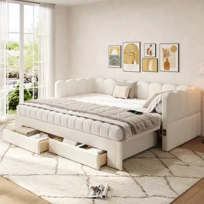Zdjęcie produktu dla Łóżko tapicerowane 90 x 200 cm Łóżko dzienne Łóżko rozkładane z 2 szufladami do przechowywania, sofa rozkładana, łóżko dzienne, rozkładane do 180 cm, z portem USB, beżowy len