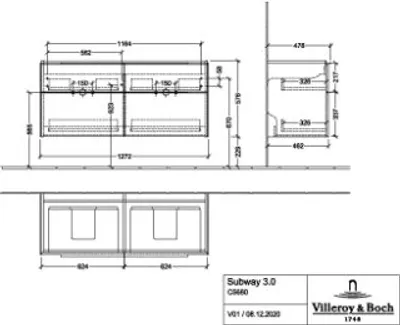 Productafbeelding van Villeroy & Boch Subway 3.0 Onderkast voor wastafel, 127,2 cm, met 4 lades, zonder LED-verlichting, geschikt voor een dubbele wastafel