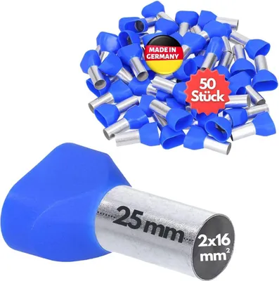 Immagine prodotto di 50 connettori a crimpare isolati Kalitec AET1625BL per cavi gemelli, 2x16,0mm², lunghezza 25mm, colore blu. Prodotto in Germania, qualità industriale