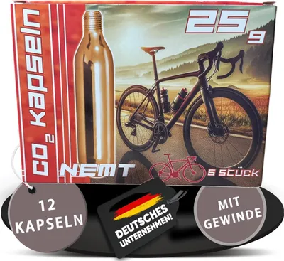 Produktbild von 12 NEMT 25g CO2 Kartuschen MIT Gewinde für alle CO2 Fahrradreifenpumpen mit Gewinde für Rennräder und Mountainbikes