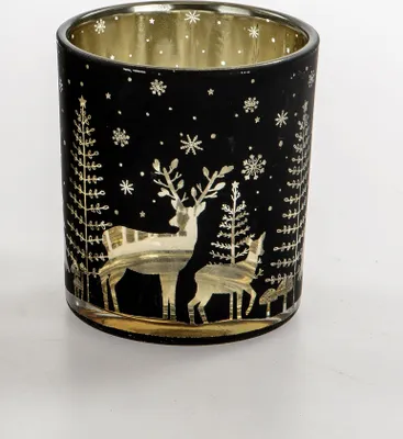 Produktbild von Windlicht Kerzenhalter schwarz/gold Winterlandschaft mit Reh 8cm Formano