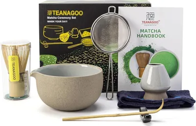 Image de Set de thé Matcha, set de préparation de thé japonais, 7 pièces, fouet en bambou, bol en céramique, bec verseur, pelle, gris foncé