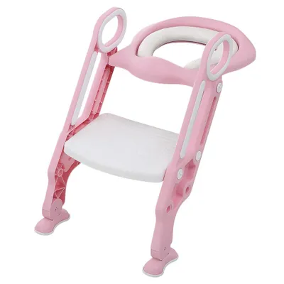 Image de Siège de toilette pour enfants avec marche, pliable, avec coussin et poignées en polyuréthane, et pot de toilette intégré