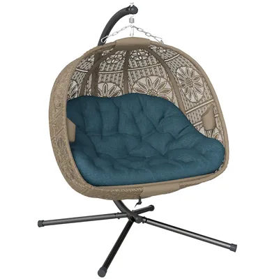 Produktbild von Hängesessel mit Gestell, Eiförmiger Hängeschaukel mit abnehmbarem waschbarem Kissen, Hängematte für 2 Personen, Schaukelsessel Indoor Outdoor, Sand+Schwarz