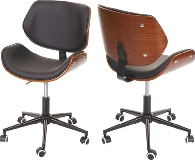 Two views of a black and wood-grain office chair on a white background.